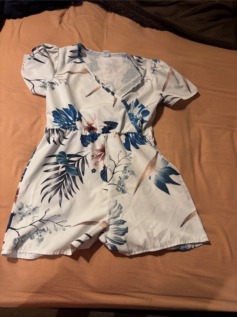 SHEIN White Floral One-Piece Romper with Blue and Tan Leaves